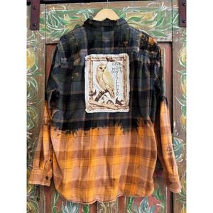 Upcycled/ Reworked Flannel Shirt| Vintage Owl Patchwork| Cottage Core Boho| XL